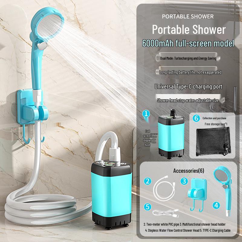 Electric Camping Shower Set with Rechargeable Pump and Water Bag.