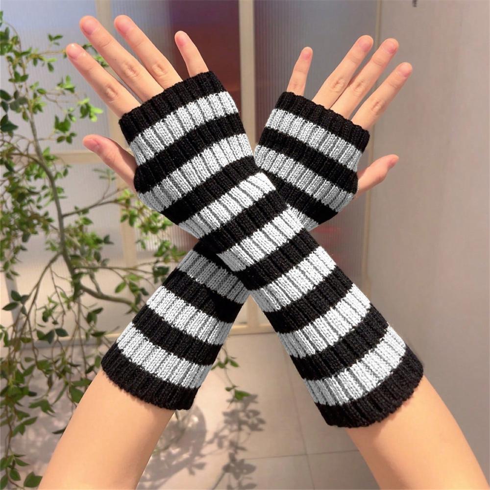 A Pair Women's Fashionable Striped Fingerless Mittens Girls Long Knit Gloves for Warmth Winter Glove