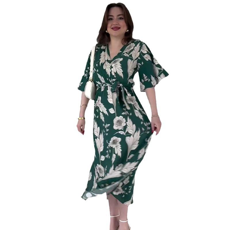 2024 Sommer Damen V-Ausschnitt Bindegürtel Mode Druck Schlankmachendes Kleid