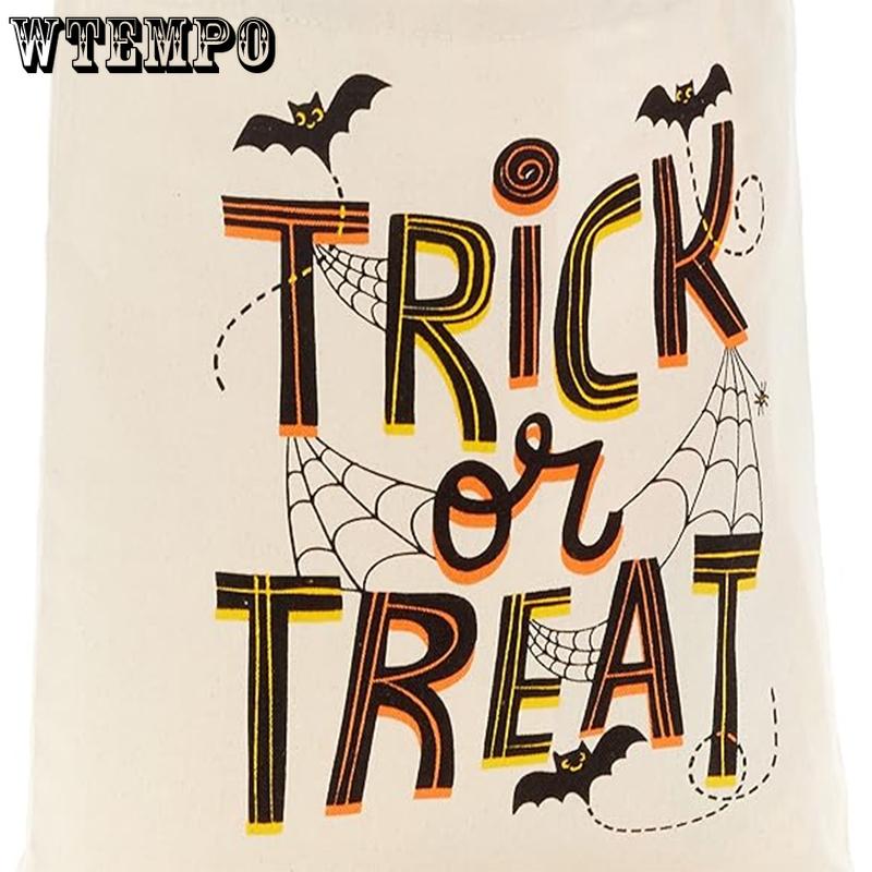 WTEMPO Halloween Canvas Bag Halloween Treat Bag Bat & Spider Web & TRICk OR TREAT Printed Bag Creative Soft Festival Handbag & Single-shoulder Bag
