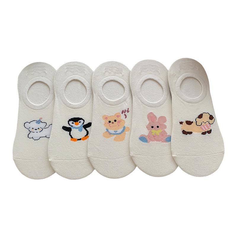 Spring and Summer Thin Socks, Female Cartoon Cute Little Animal Shallow Mouth Boat Socks, Silicone Anti-slip Invisible White Socks