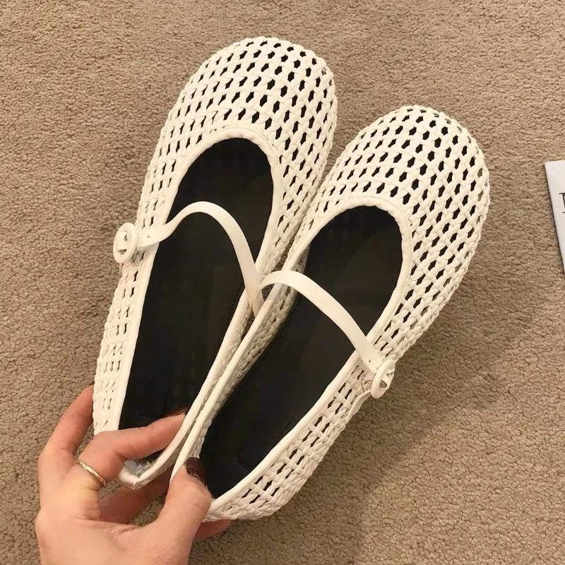 Fashion Concise Mesh Woven Design Ballet Flat Shoes Women Fashion Round Toe Buckle Mary Jane Shoe Summer Comfort Soft Bottom Flat Sandal