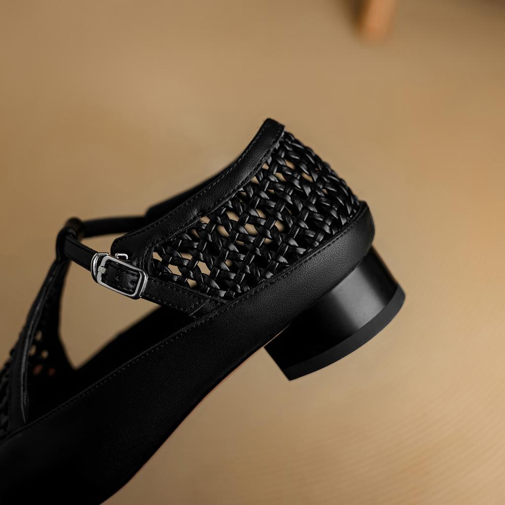 Fashion Women's New Leather Cowhide Spring Summer Hollow Breathable Woven Elastic Buckle Belt Low Heel Mary Jane Single Shoe