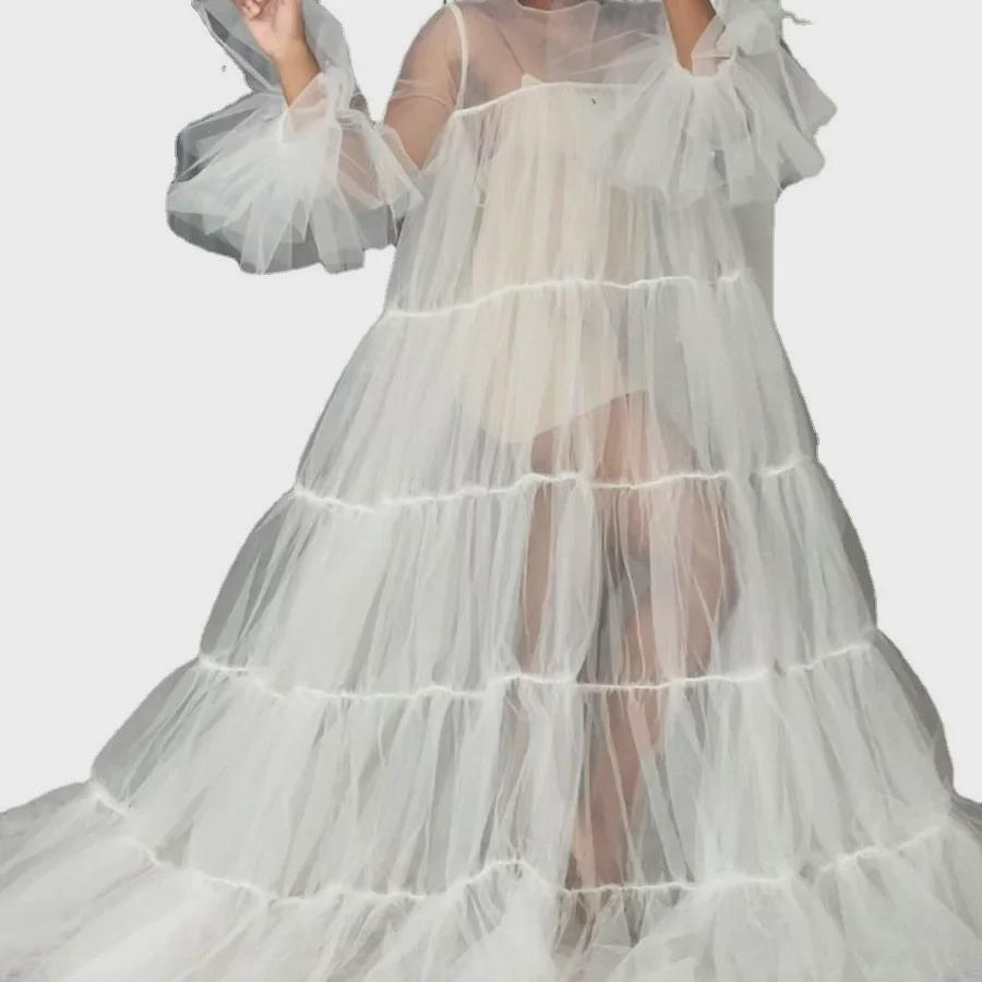 2025 Spring/Summer European & American Women's Spaghetti Strap Mesh Sleeve Wedding/Evening Gown