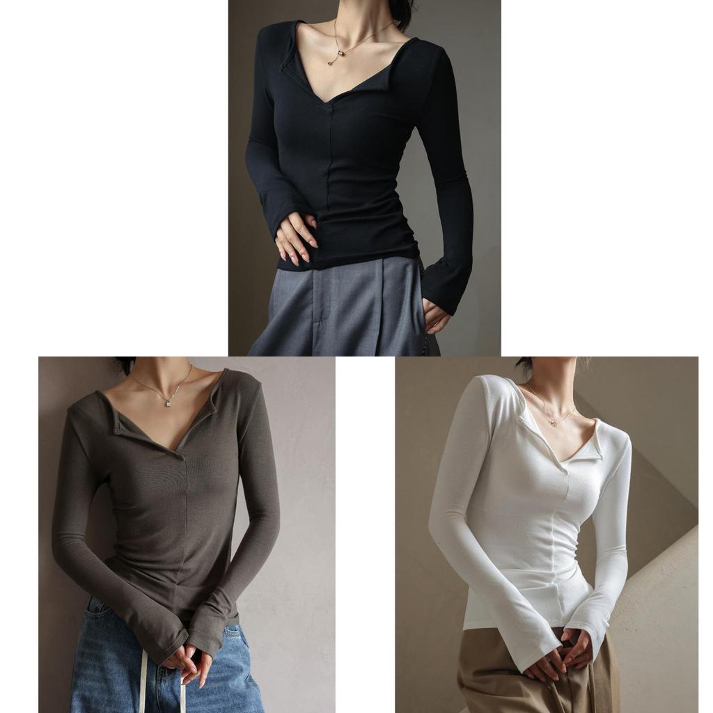 Minimalist Modale V Neck T Shirt For Women With Snake Bone Pattern For Autumn Winter Casual Wear