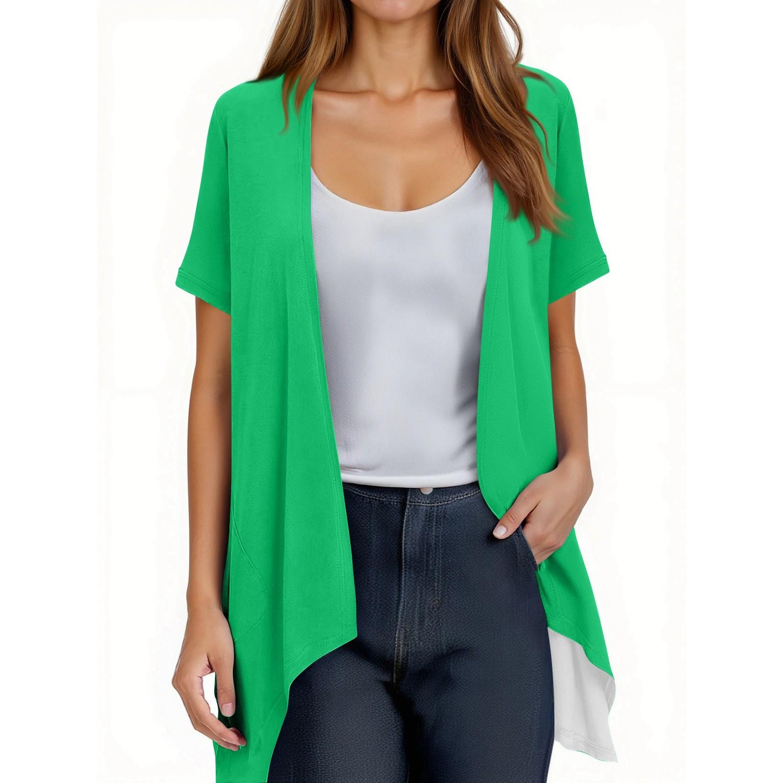 

Women s Fashion Solid Color Irregular Hem Short Sleeve Cardigan Pocket Jacket L зелений