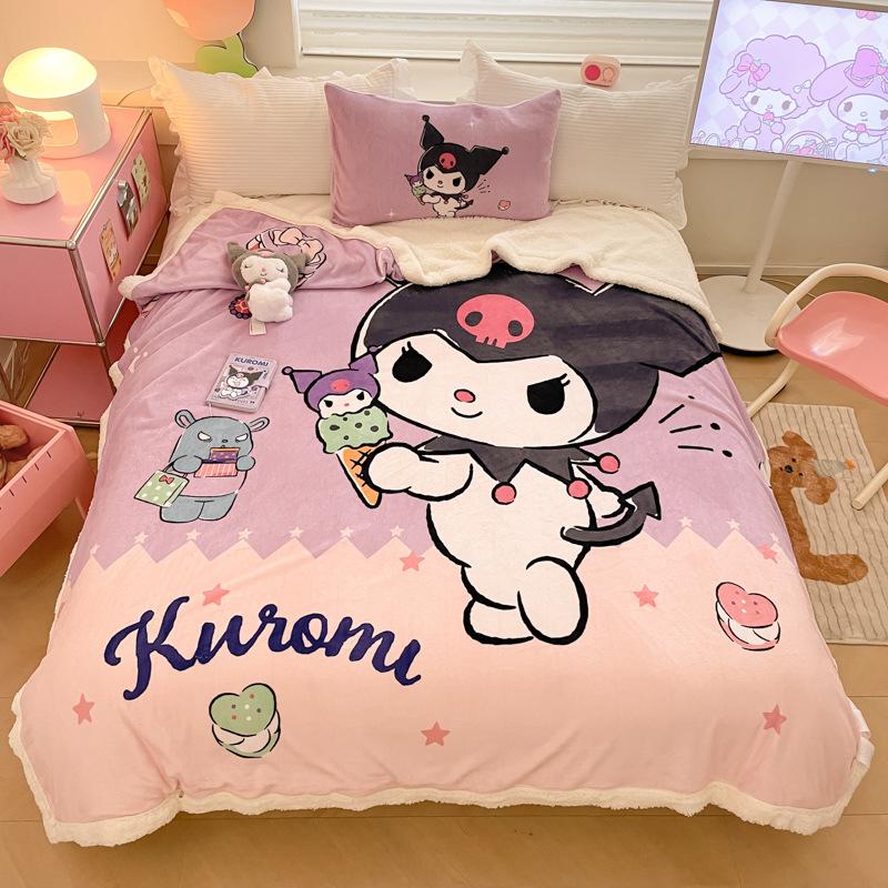 Throw Blanket Hello Kitty Melody Cinnamoroll Large Cartoon Lamb Fleece Double-Layer Thickened Milk Fleece Blanket Plus Velvet