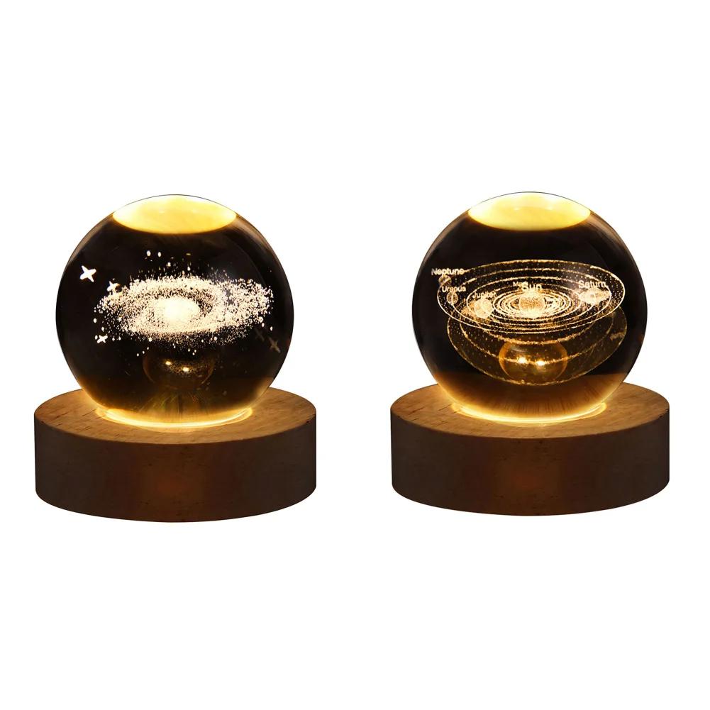 LED Crystal Ball Lamp Milky Way System Crystal Ball Glowing Solar System Crystal Ball with Wooden Base Glass Planet Nightlight