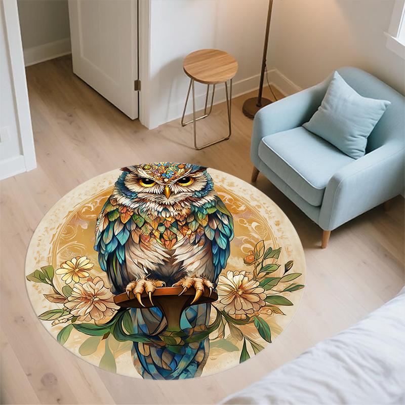 Vintage Flower Owl,Round Area Rug,Carpet Rug for Living Room Bedroom Sofa Playroom Decor,Non-slip Floor Mat