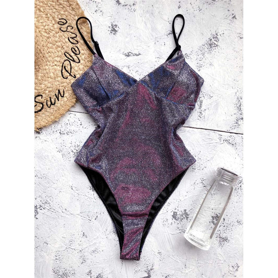 

Цельный купальник с V-образным вырезом и высоким вырезом, женский купальник, блестящий сверкающий купальный костюм, одежда для купания L