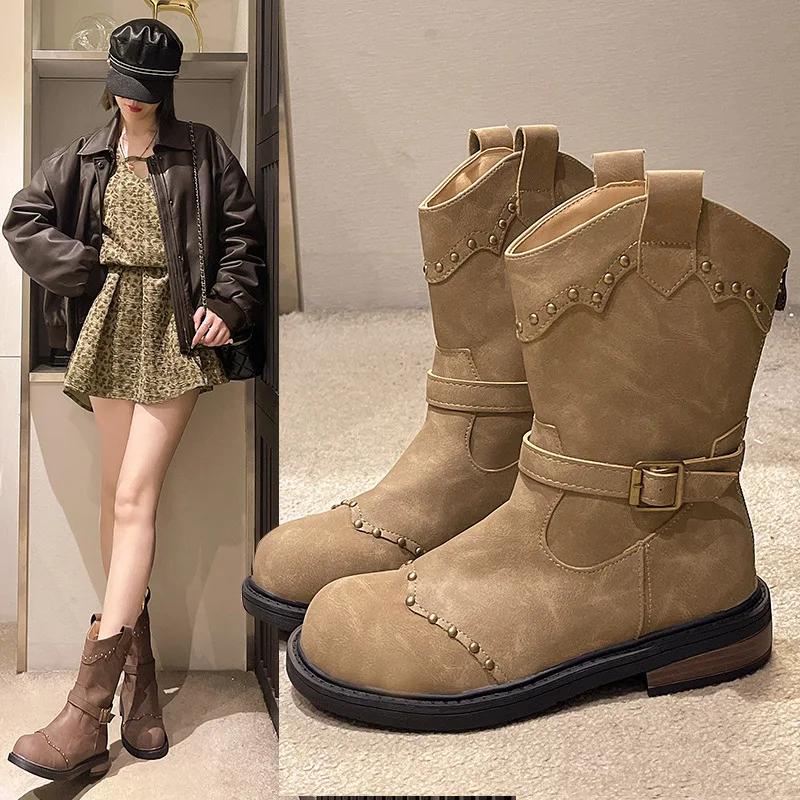 Fashion Autumn V-rivet Belt Buckle Ankle Boots 2024 Warm English Heel Plus Fleece Knight Vintage Boots