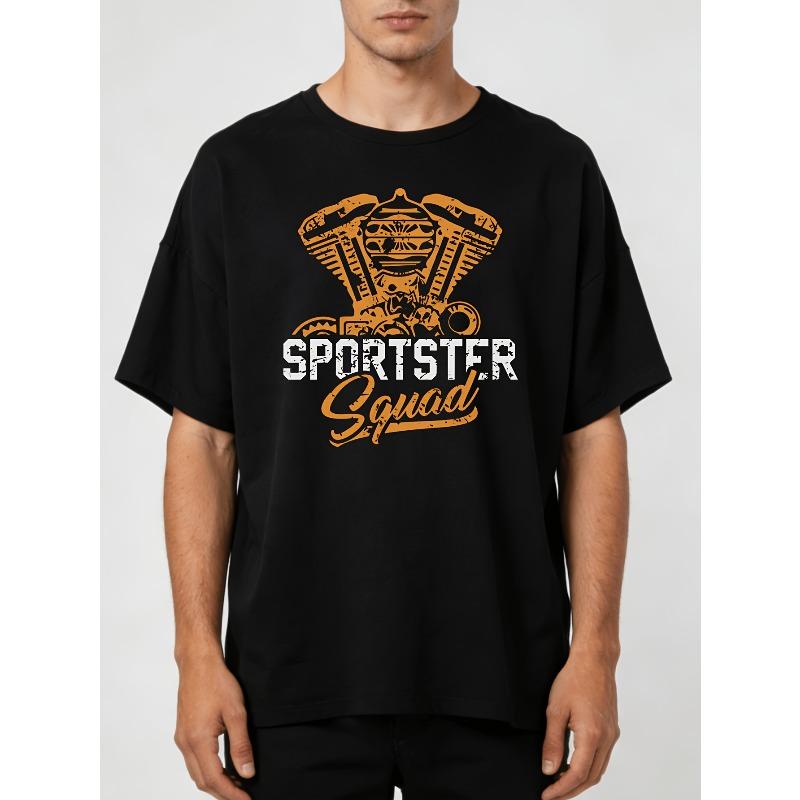 T-shirt Vintage Uomo Motore di Moto e Logo Squadra Sportster - Vestibilità Rilassata Manica Corta Biker Tee, Nera con Stampa Arancione Moto