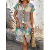 Damen Sommer Elegantes Geometrisches Muster V-Ausschnitt Kurzarm Midi-Kleid