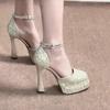 Beautiful Sequins Waterproof Table High Heels Women's 2025 Spring and Summer Thick Heels Not Tired Feet New Wedding Dress Bridal Shoes Wedding Shoes