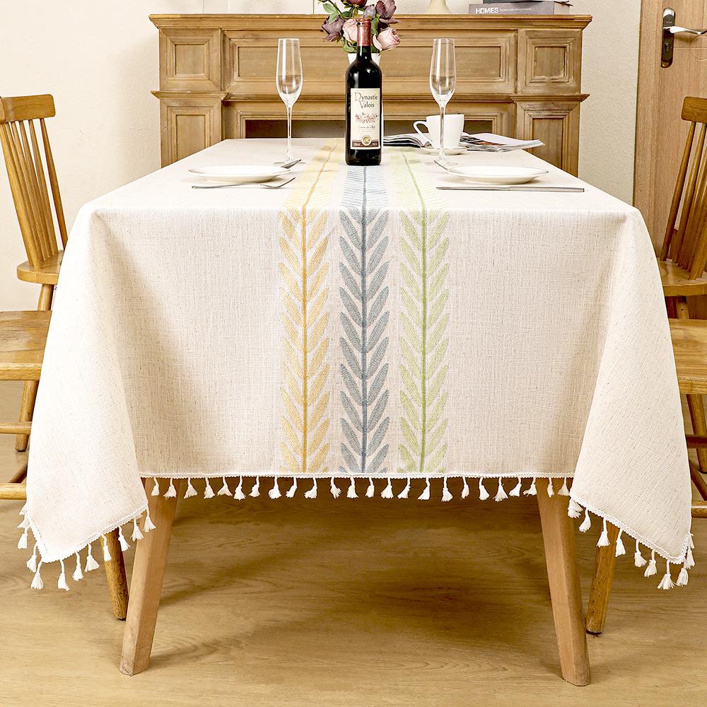 Luxury Embroidered Cotton-Linen Tablecloth with Tassels - Waterproof & Heat-Resistant
