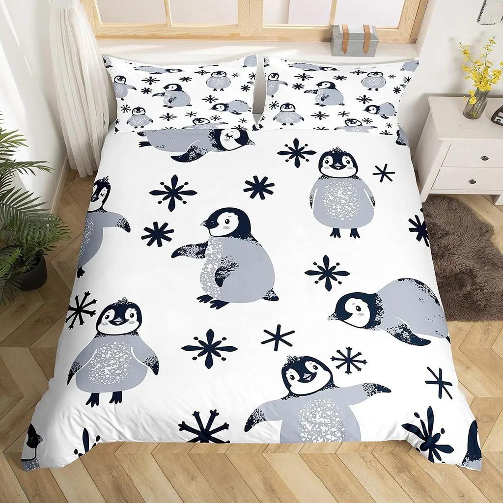 Penguin Comforter Cover Kawaii Animal Print Black White Little Penguin Duvet Cover Blue Iceberg Antarctica Winter Bedding Set