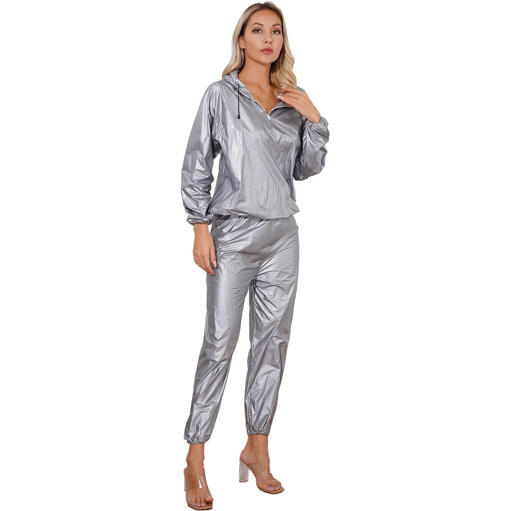 Unisex PVC Sports Suit Long Sleeve Zipper Hooded Top Elastic Waistband Pants Fitness Workout Outfits