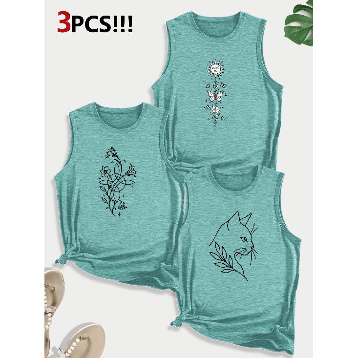 Sunflower Cat Line Art Combination Gift Print Pattern Round Neck3Pack of Sleeveless Vests for Women In Spring, Summer, and Autumn