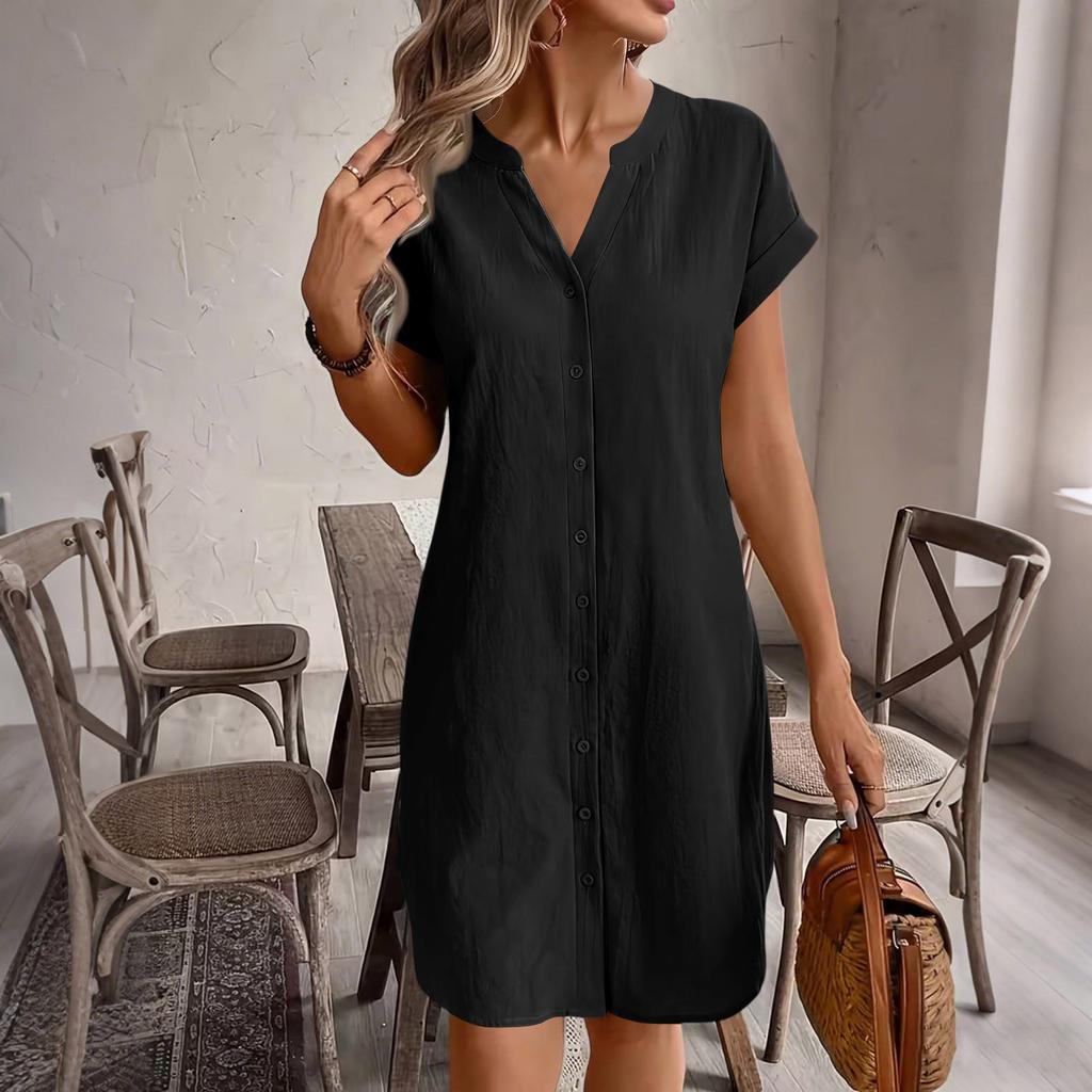 Women Casual Linen Cotton V Neck Short Sleeve Button Front Loose Fit Dress Lightweight Summer Tunic Dress with Pockets