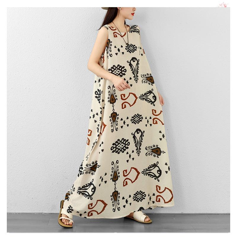 DIMANAF 2026 Women Plus Size Summer Beach Loose Lady Long Dress Vest Sleeveless Vintage Oversize Maxi Print Sundress Clothing