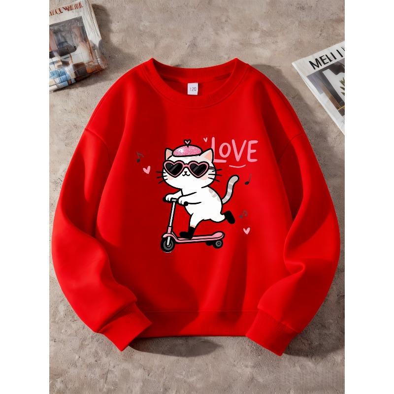 Kids Unisex Crewneck Sweatshirt, Love Music Heart Sunglasses Cat Riding Scooter Cartoon Print Pullover, Sweatshirt for Boys Girls Over 4 Years Old