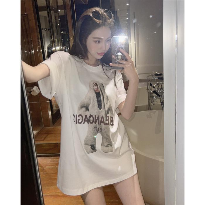 

American funny child print black short-sleeved T-shirt women s spring and summer pure cotton neutral loose lazy medium and long top S