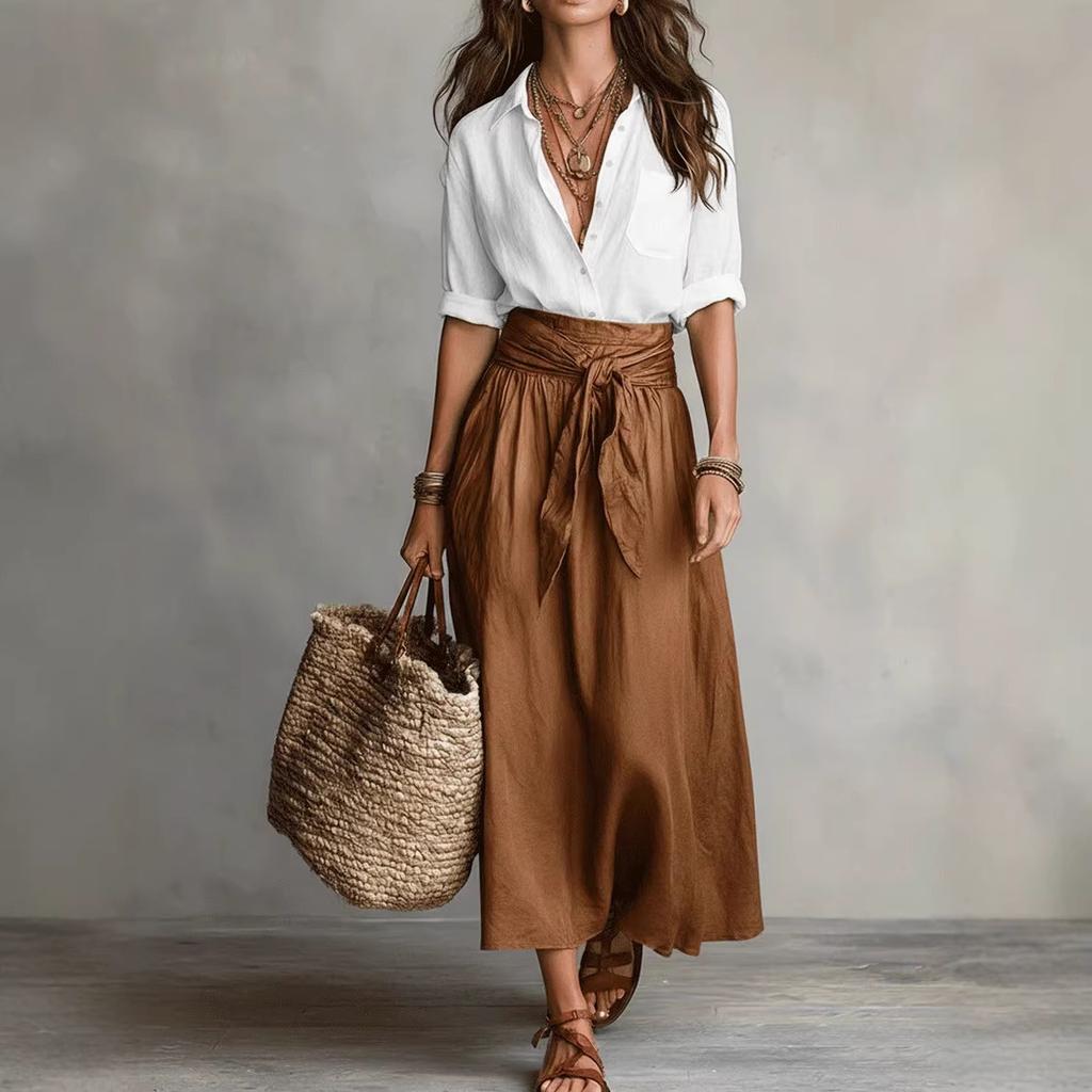 Black Short Sleeve Shirt and Green Tie Waist A-Line Skirt Set