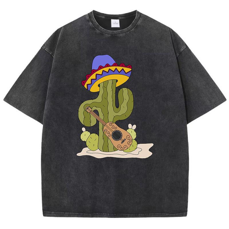 Cartoon Cactus Talking About Guitar Printed Tshirt Homme Versatile Loose Tees Aesthetic Oversized T-Shirt Tops