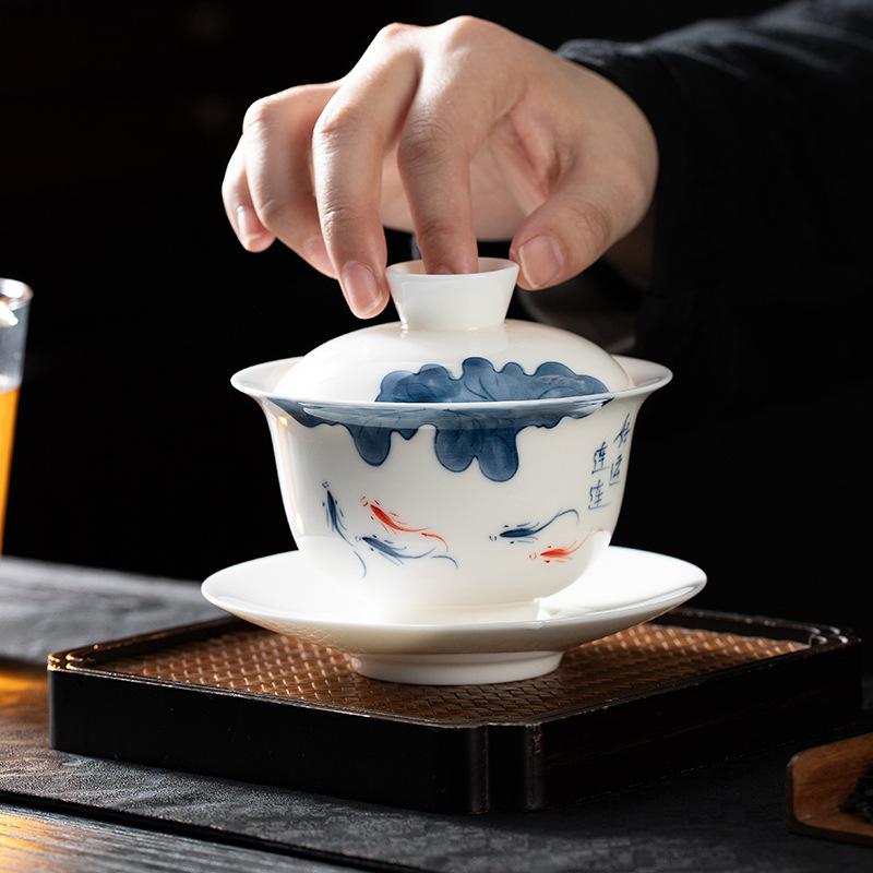 Hover Sancai Gaiwan Teacup Single Large Hand-Painted White Porcelain Tea Set Ceramic Anti-Scalding Tea Bowl