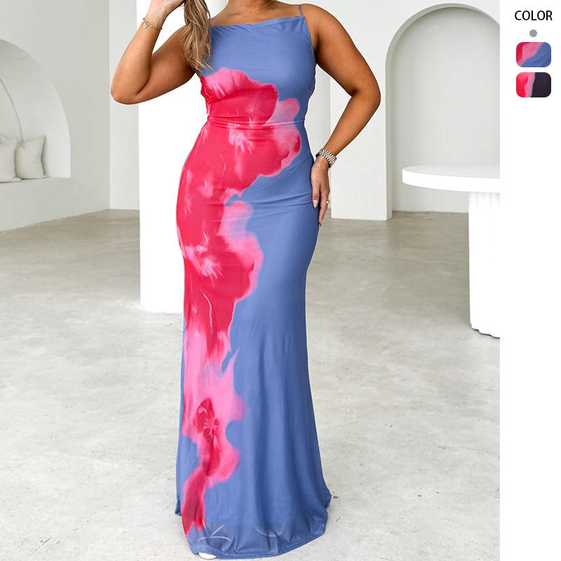 Spring and Summer New Women's Clothing Slim-fitting Suspender Contrasting Color Flower Print Dress Long Dress Women