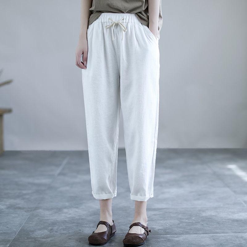 Damen Baumwollleinen Haremshose - Frühling/Herbst, Casual, Leicht, Petite, Gekürzt, Sieben/Achtel-Länge.