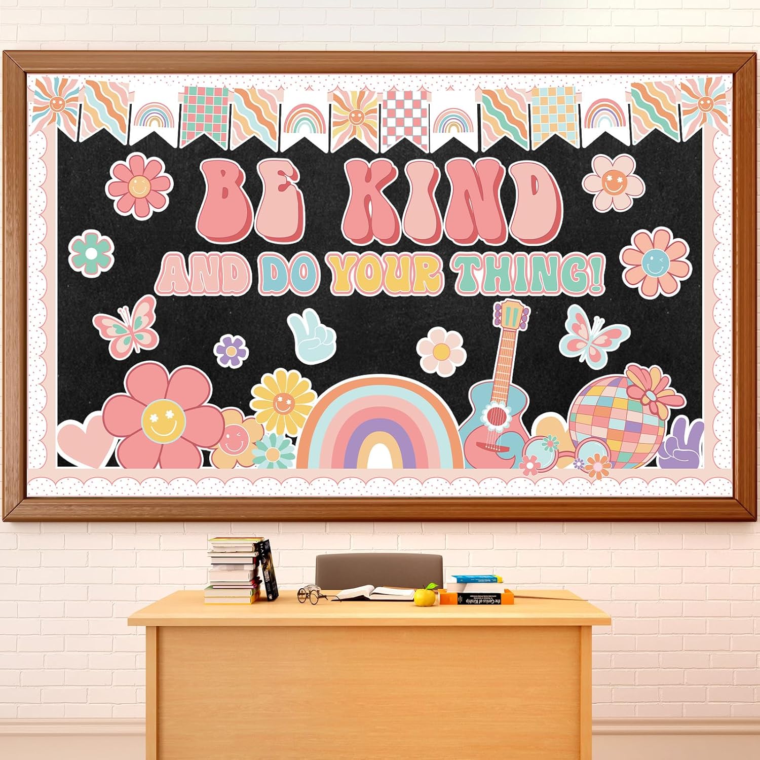Boho Groovy Classroom Bulletin Board Be Kind and Do Your Thing Decoration Set Back to School Retro Rainbow Cutouts for Kindergarten School Office