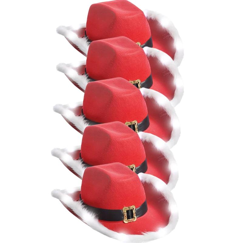 Fluffy Santa Claus Party Christmas Luminous Cowboy Hat Western Red Felt Hats Wide Brim Cowgirl Hat Jazz Hat for Women Men