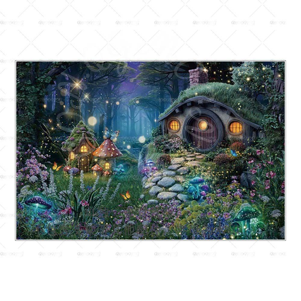 Dreamy Fairy Tale Forest Mushroom House Photography Background Cloth - Children's Birthday Party Decorative Wall Background