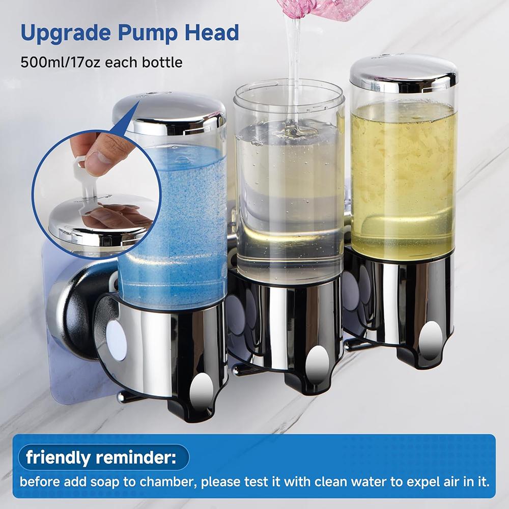 1500ML 3-Chamber Wall Mounted Transparent Window Shampoo Conditioner Dispenser No-Drill Installation for Bathroom Kitchen Hotel