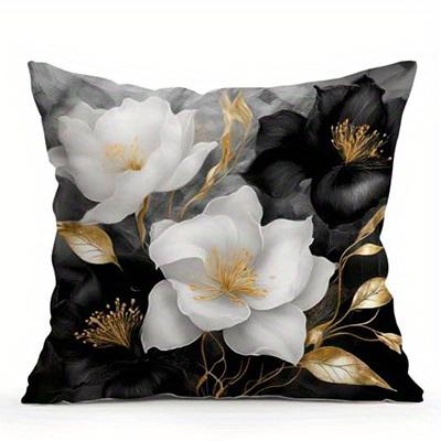 Short Plush Material Pillowcasehome Decor Black & White Flowers With Gold Accents Pillow Covers Pattern Cushion Cover Suitable F