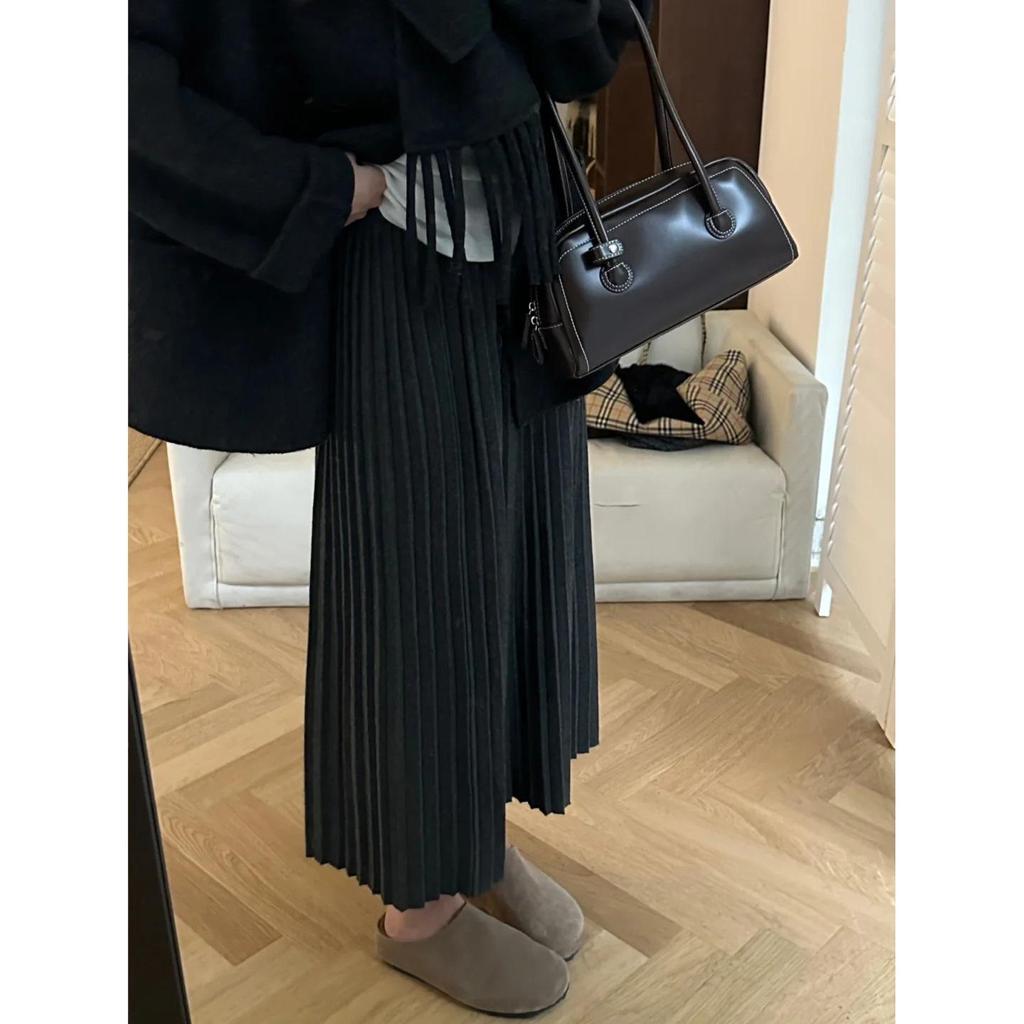 Elegant Korean Imitation Cashmere A-line Pleated Midi Skirt for Women - Autumn/Winter 2025 Slimming Drape Style