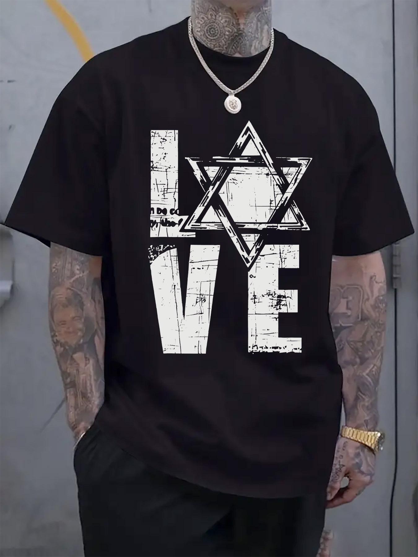 Casual Crew Neck T-shirt with  LOVE  and Star of David Print XXL
