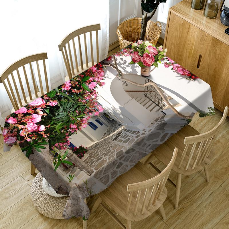 Flower House Tablecloth Beautiful Alley Pattern Waterproof Thicken Rectangular And Round Table Cloth For Wedding