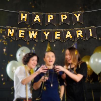 Happy Year Banner Hanging Bunting Porch Sign Paper Flag for Wall Outdoor Holiday