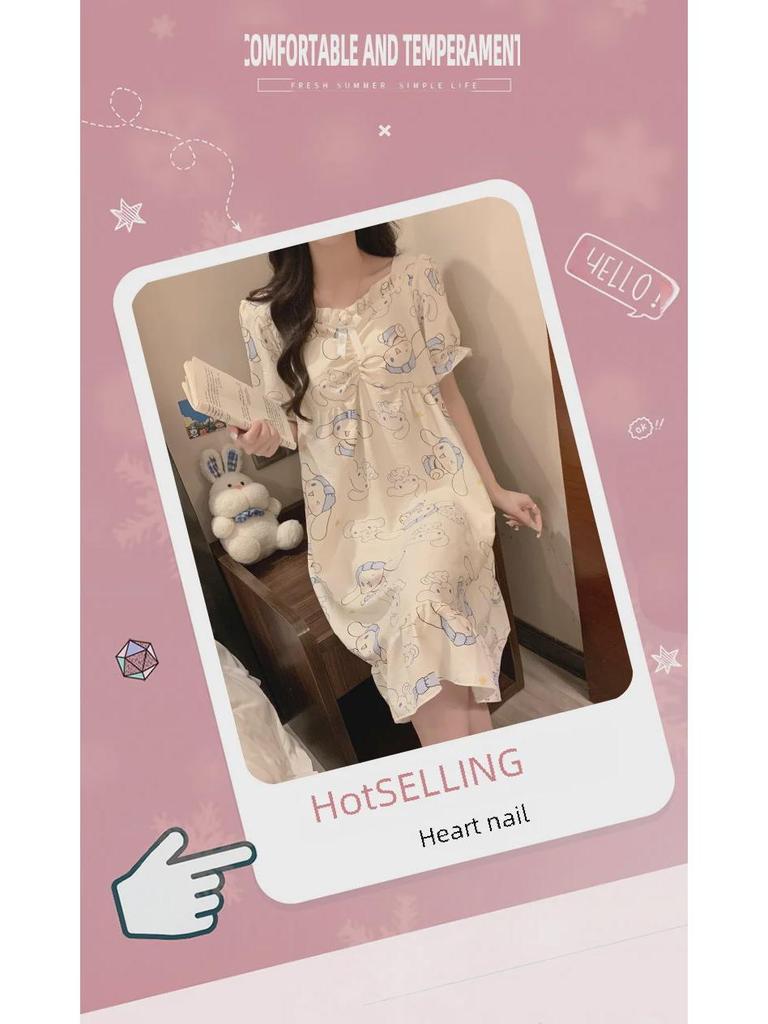 Letní noční košile s krátkým rukávem a hrudní vložkou – Roztomilý bavlněný kreslený princeznovský styl s motivem obláčků