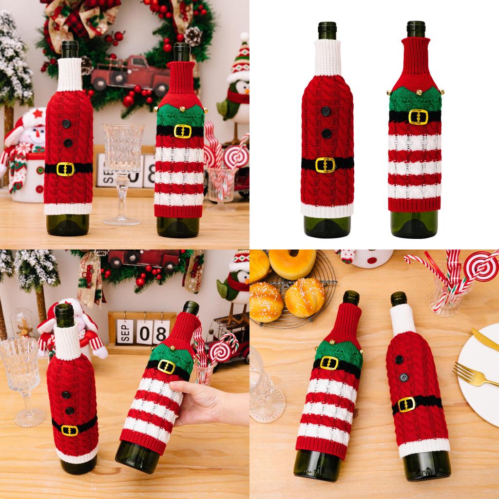 Cozy Knit Red Wine Bottle Sleeve With Striped Elf Design For Christmas Celebration