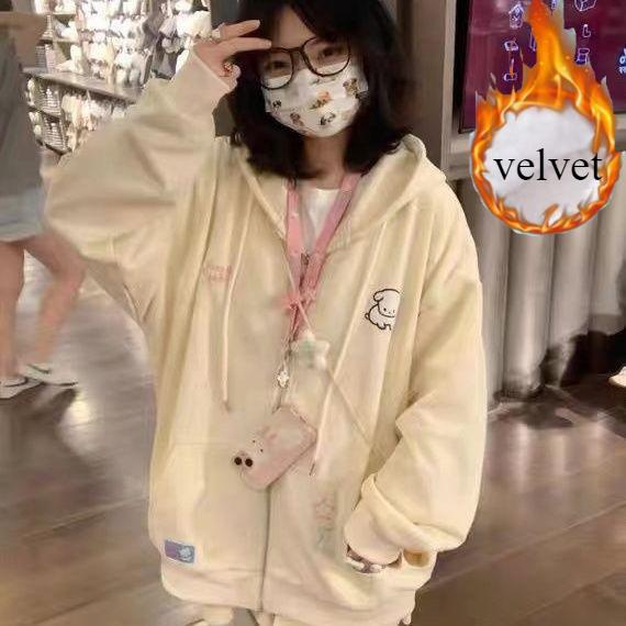 Harajuku Kawaii Rosa Primavera e Autunno Felpa con Cappuccio Zip Up Donna Stile Giapponese Carino Cartone Animato Beige Giacca con Cappuccio Oversize Felpe Coreane da Ragazza