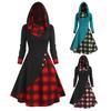 Irregular Pile Collar Hooded Button Decoration Waist Tight Autumn Dress Women Plaid Patchwork