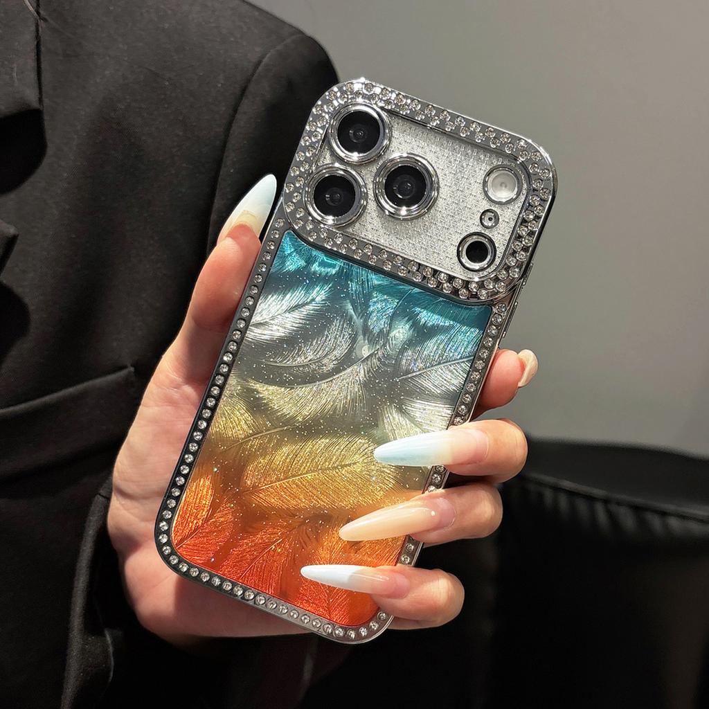 Bling Glitter Diamond Gradient Penas Pattern Plating Case For iPhone 17 16 15 14 13 17 Pro Max Lens Protective Shockproof Cover