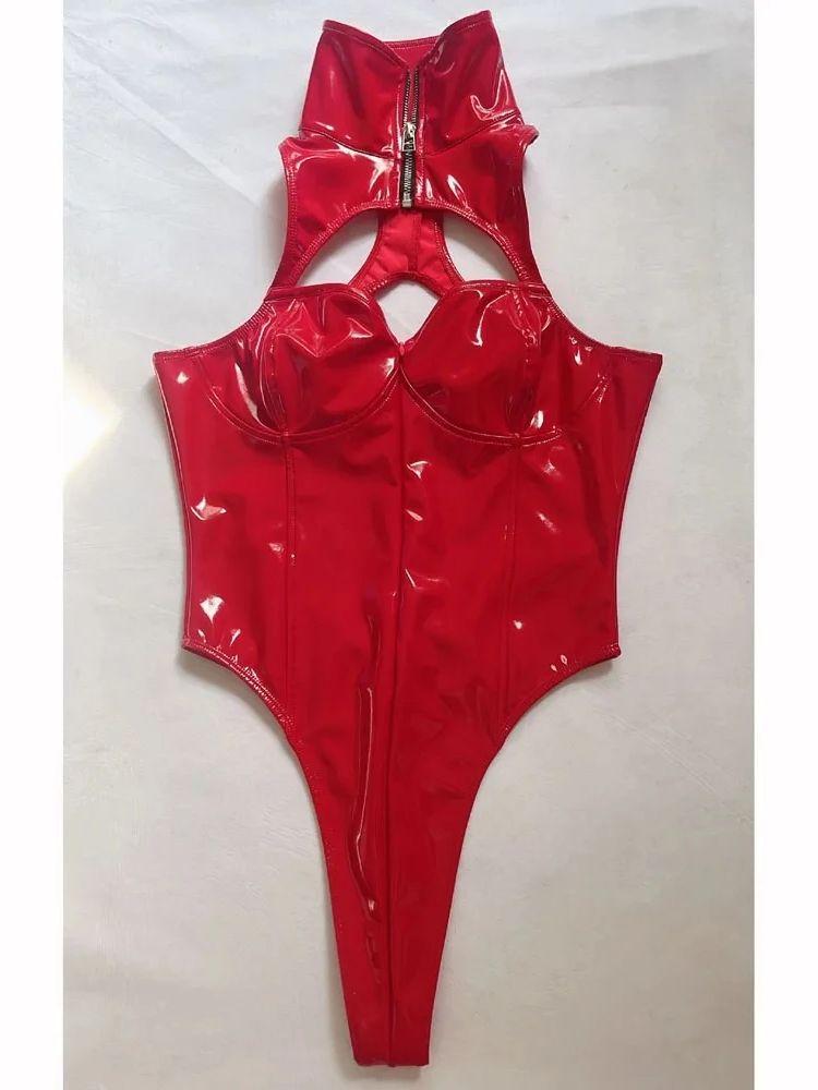 3D Hollow Bust Wet Look Pvc Catsuit High Cut Zipper Open Crotch Bodysuit Tight Hot Sexy Sukumizu Cosplay Body Shirt Clubwear Top