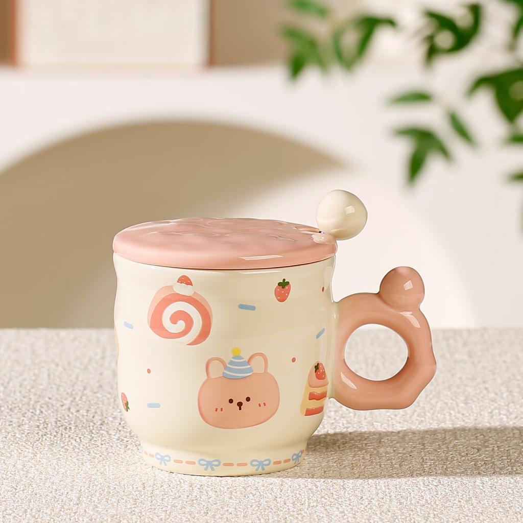 Cute Girl Heart with Cover Mug Cartoon Dessert Bear High Looking Office Ceramic Water Cup Birthday Souvenir