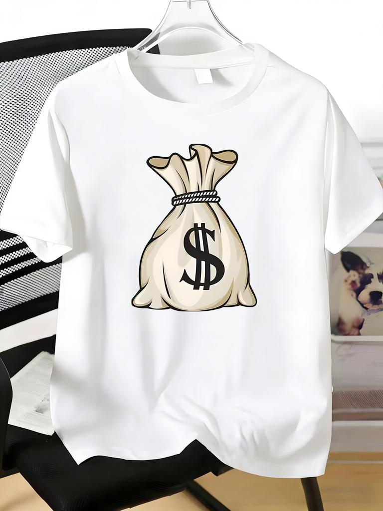 Unisexs Tee Dollar Symbol Money Bag Cartoon Art Print Cotton Short Sleeve Male Casual Streetwear Outdoor Daily Basic Fashion Top