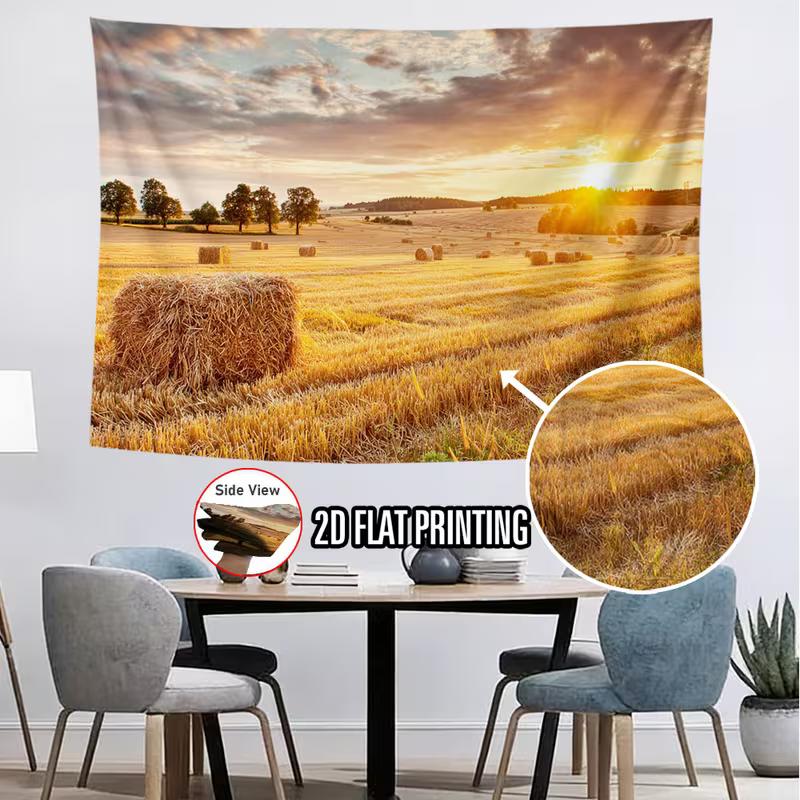 2D Golden Wheat Field Tapestry, Sunset Farm Landscape Wall Dec 47.2x31.5inch/120*80cm