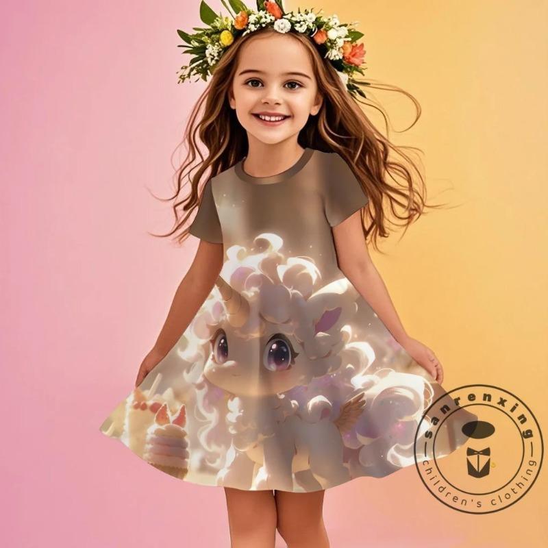 3D Printed Unicorn Short Sleeved Dress Cute Girls' Clothing Children's Party Wear Daily Princess Dress Skin Friendly Breath